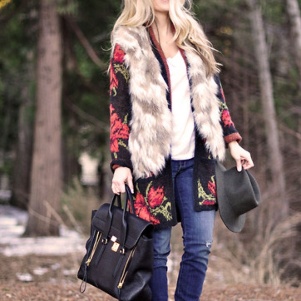 Free People Black and Red Floral Vest
